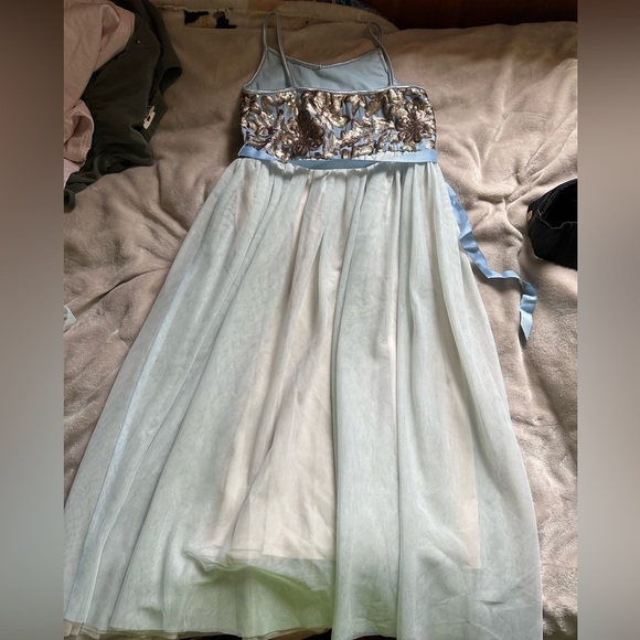 Girls Ballerina Dress in Baby Blue with Gold Sequins, double tulle skirt - Picture 11 of 15